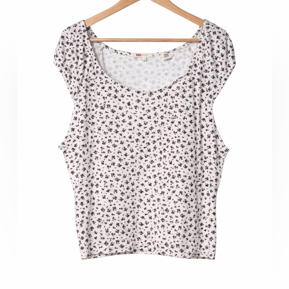 Levi’s Floral Cap Sleeve Top Women’s XL White Black Ditsy Print Stretch Tee